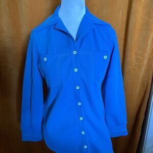 Vintage Jantzen Blue Button Front Shirt Jacket White Contrast Stitch Retro 70s